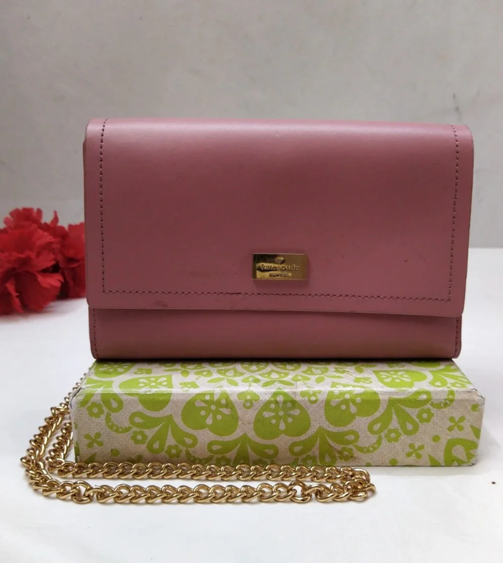 Kate Spade New York Pink Leather Chain Strap Credit Card Crossbody Bag